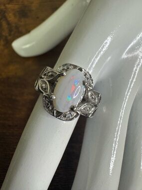 Sterling Silver Opal Ring - Oval Art Deco Style Ornate Metal Work size 6.5